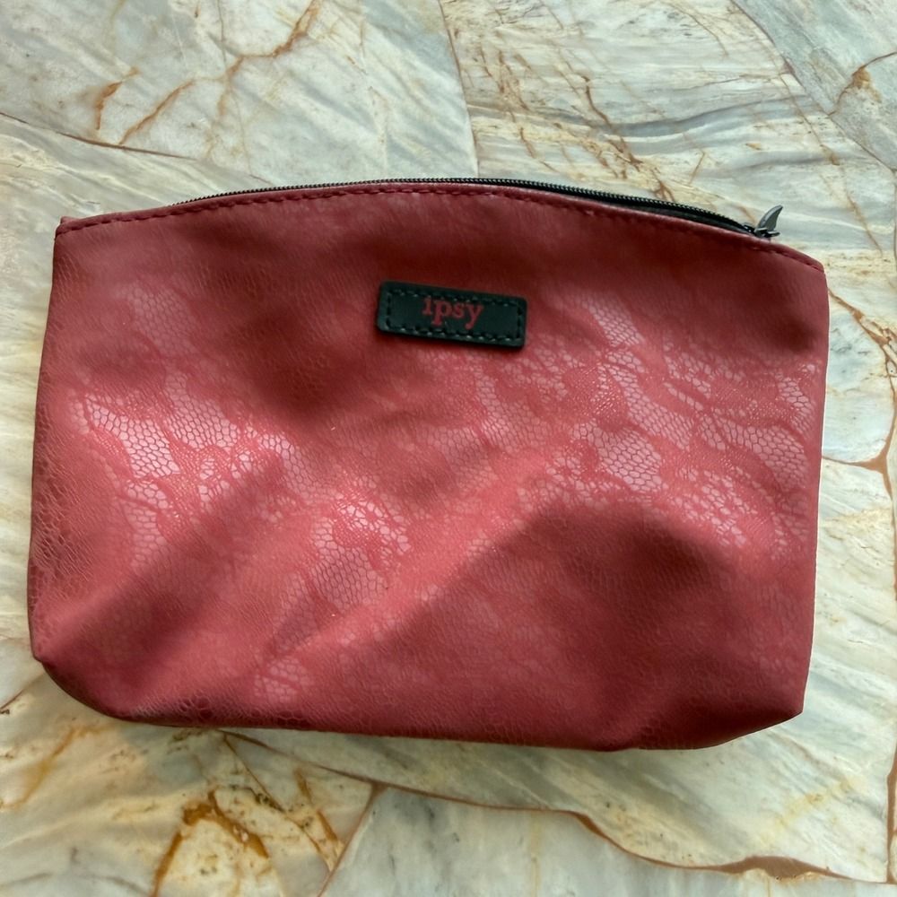 Ipsy Red Textured Lace Makeup Bag Cosmetic Pouch Bat Zipper Travel Organizer